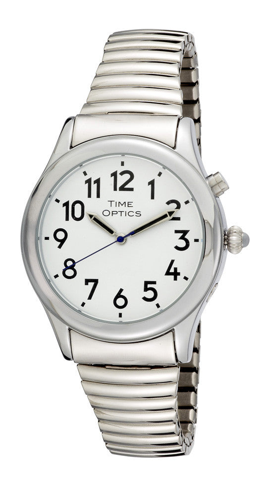 TimeOptics Men's Talking Silver-Tone Day Date Alarm Expansion Bracelet Watch # GWC021ST